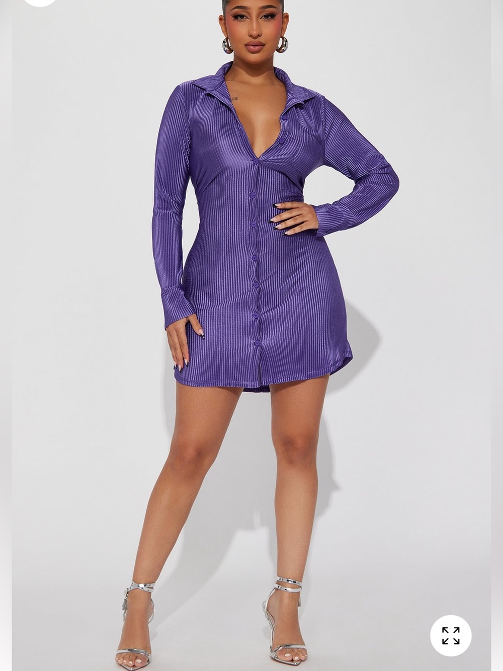 Fashion Nova Purple Button-Front Mini Shirt Dress slinky sexy tight